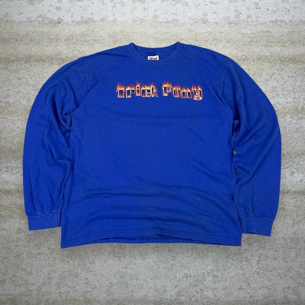 Vintage Y2K Skater Shirt Mens M Royal Blue Trick Pony Long Sleeve Cotton Fire